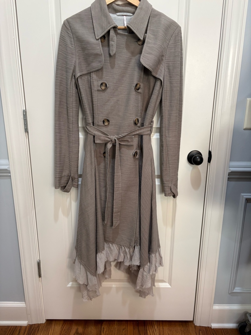 Vintage Free People New Romantics Ruffle Trim Asymmetrical Trench Coat